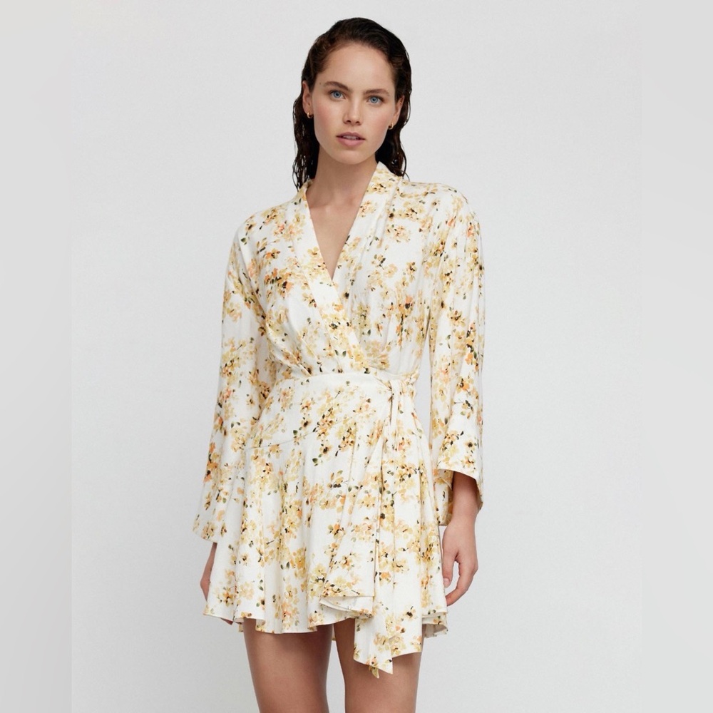 Significant Other Maia Linen Blend Floral Mini Wrap Dress US Size 4 Bell Sleeves